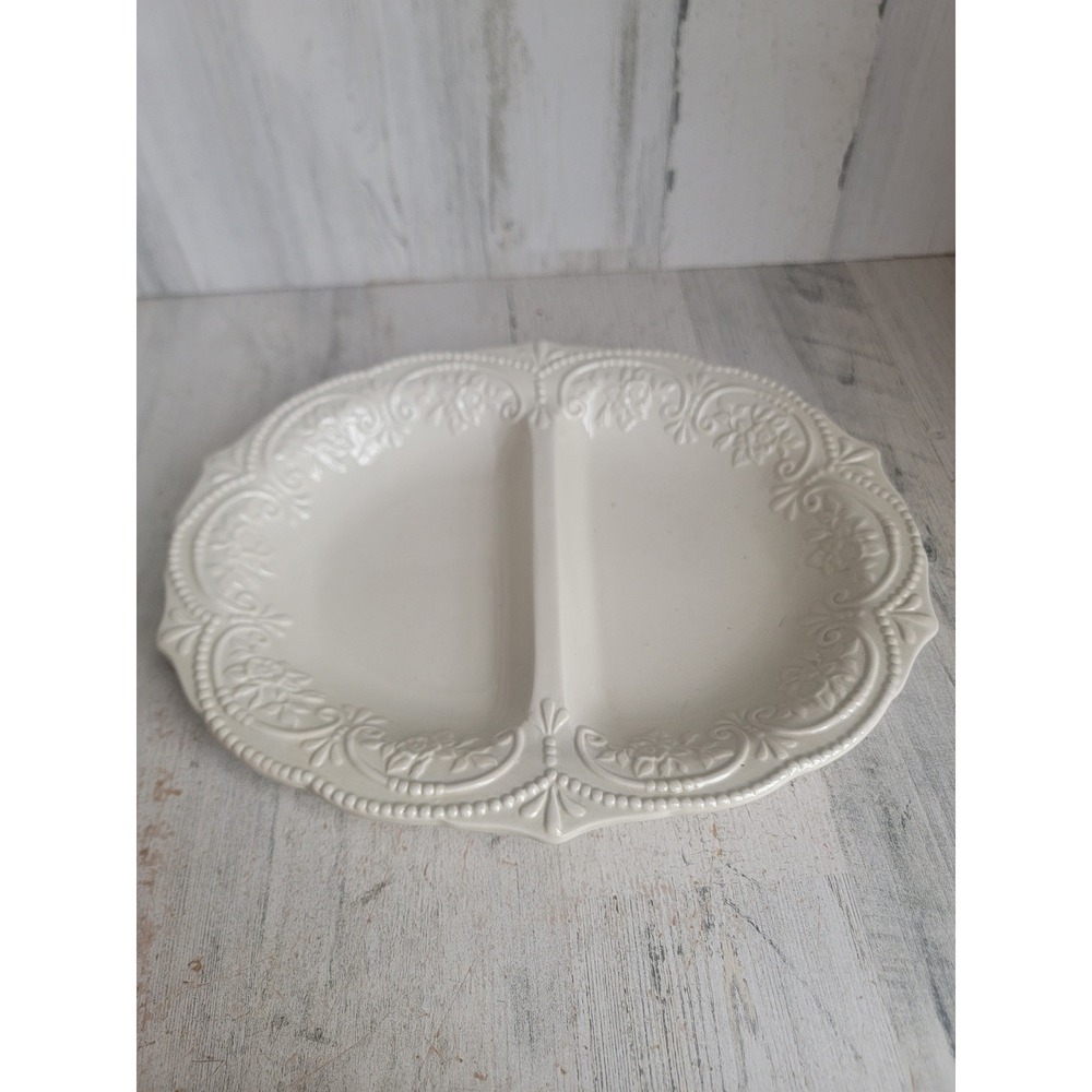 Special place vintage platter serving appetizer split shabby chic white beaded
